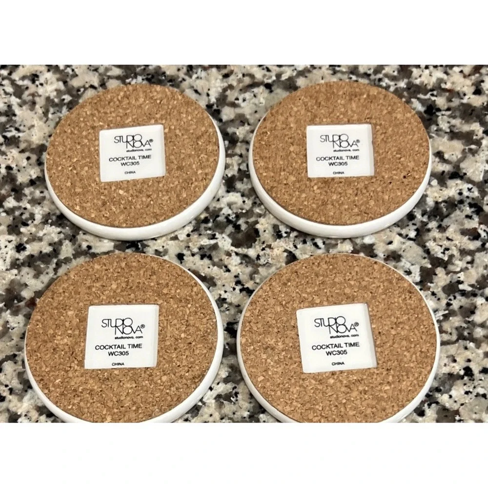 Set Of 4 Studio Nova Coasters Cocktail Time Ceramic Margarita Martini Cork Back